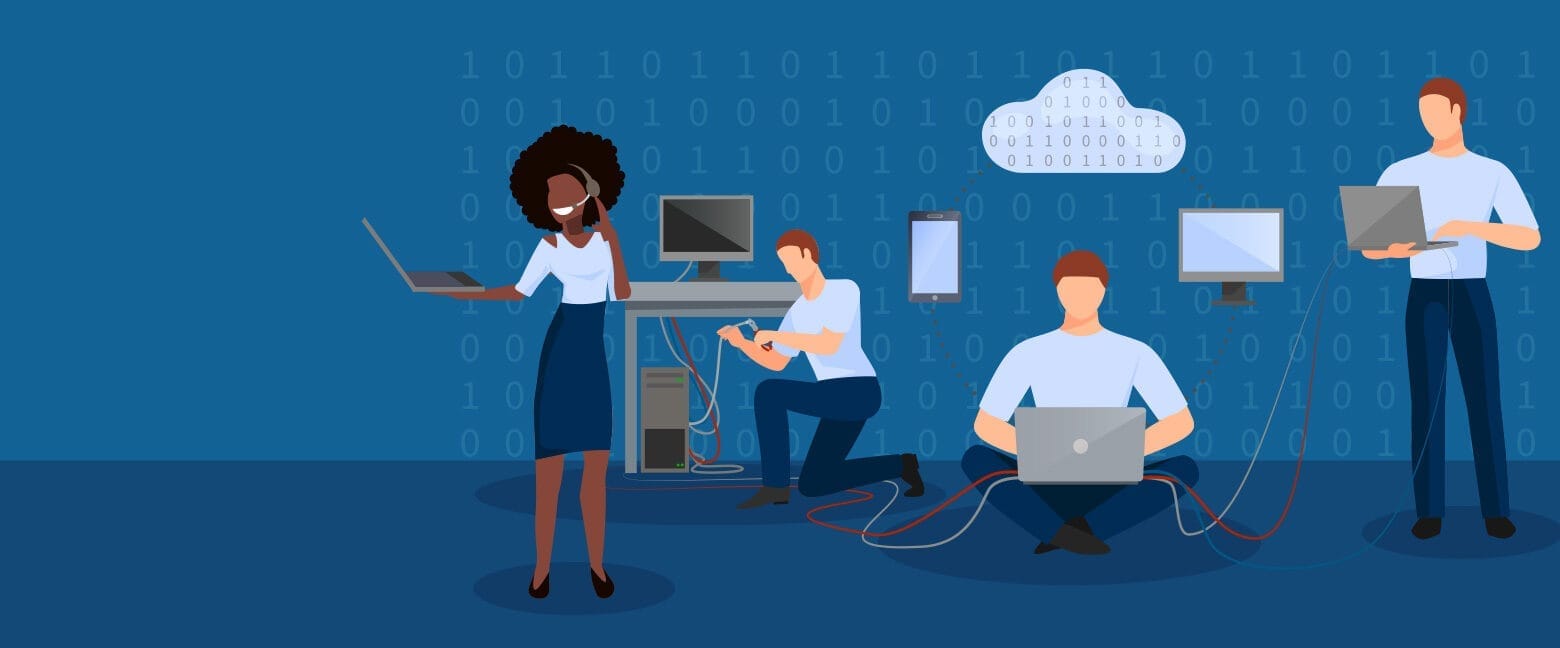Illustration of colleagues collaborating with cloud and devices
