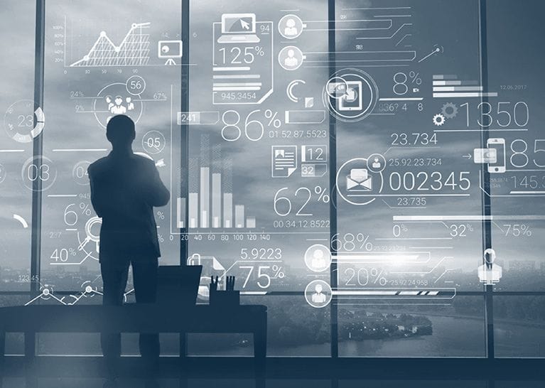 Business data and analytics overlaid on a city view