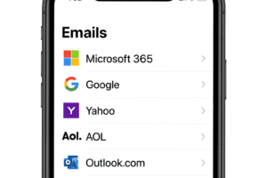 Email management on mobile device with Microsoft 365, Google, Yahoo, AOL, and Outlook apps.