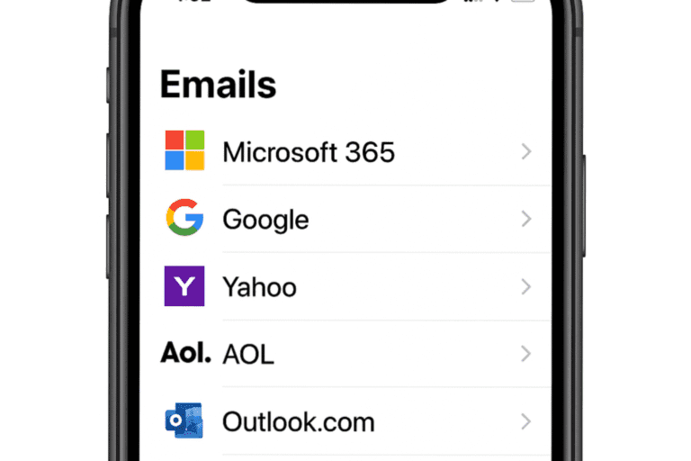 Email management on mobile device with Microsoft 365, Google, Yahoo, AOL, and Outlook apps.