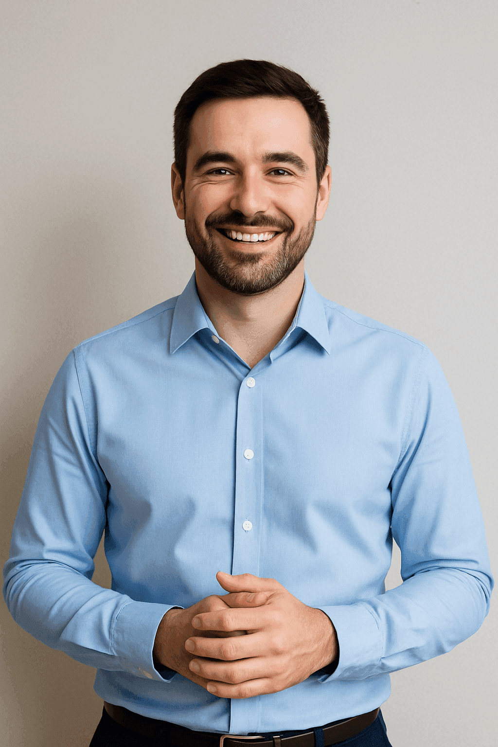 IT support professional smiling, wearing light blue shirt, representing Foxcomm IT support and solutions services.