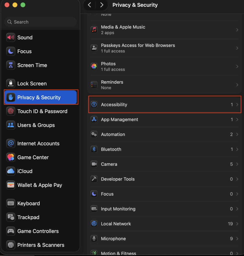macOS System Settings, Privacy and Security, with Accessibility highlighted