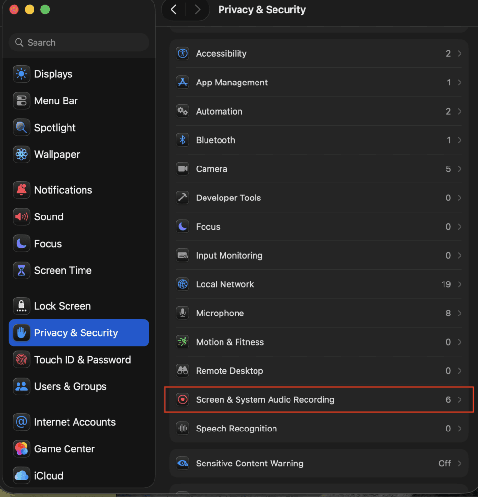macOS System Settings, Privacy and Security, with Screen and System Audio Recording highlighted